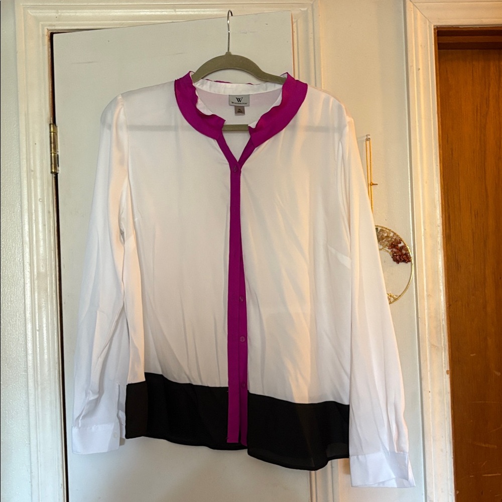 Worthington White Blouse with Pink and Black Details